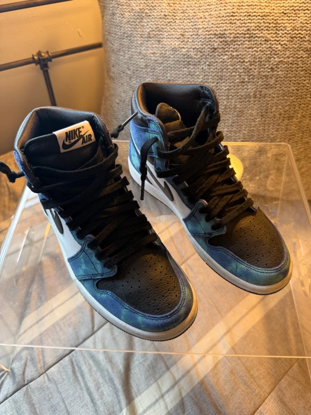 Nike Air Jordan’s Men’s High-Top Sneakers in Black and Blue-Green Iridescent - Picture 1 of 6